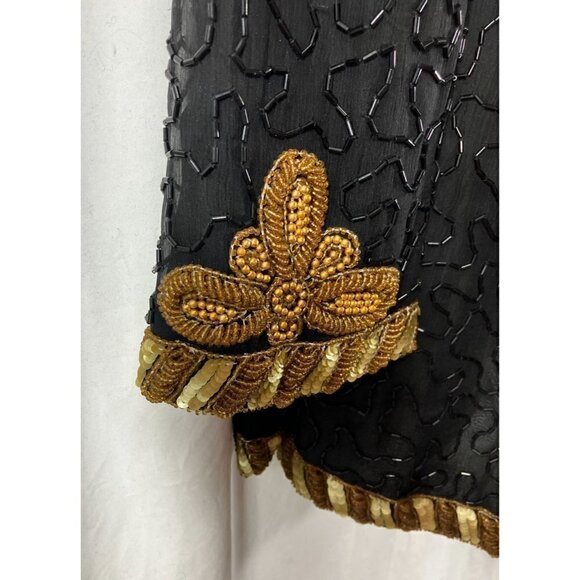 Vintage Laurence Kazar Heavy Sequined Silk Gold Black Evening Jacket XL Military - Picture 4 of 14
